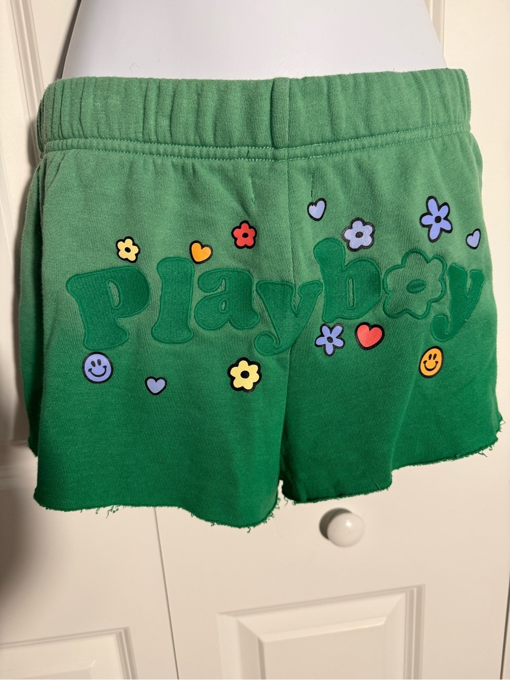 PLAYBOY Green Floral & Smiley Graphic Athletic Shorts